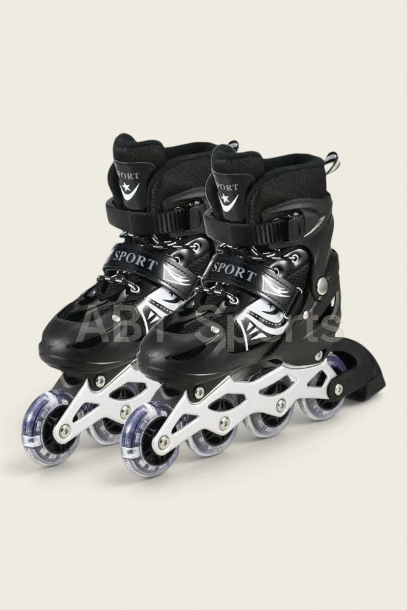 Inline roller skates black high-cut boot with buckle strap and LED clear wheels - front pair view
