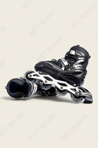 Inline roller skates black side view showing white aluminum frame and clear wheels