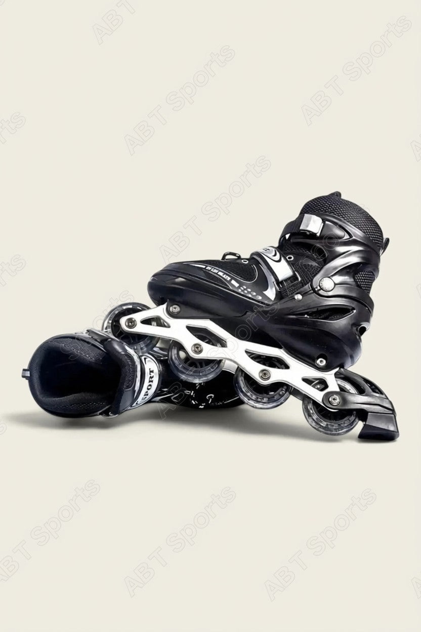Inline roller skates black side view showing white aluminum frame and clear wheels