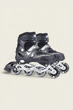Inline roller skates black pair with white frame and clear LED wheels - angled view