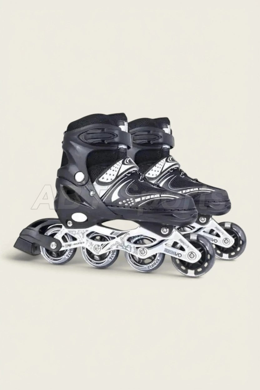 Inline roller skates black pair with white frame and clear LED wheels - angled view