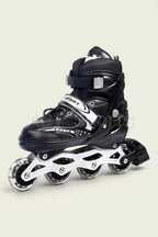 Single inline roller skate black boot with lace and buckle closure - side profile view