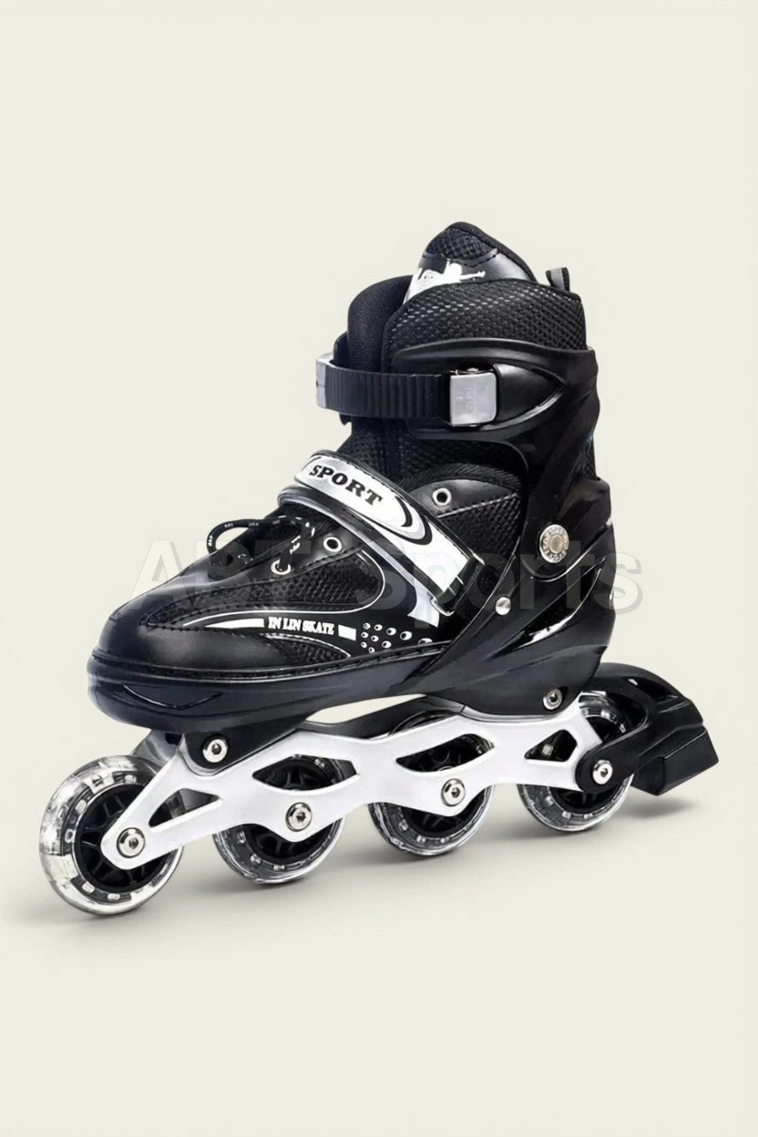 Single inline roller skate black boot with lace and buckle closure - side profile view