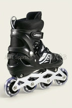 Inline roller skate close-up showing padded mesh boot, buckle strap and clear LED wheels