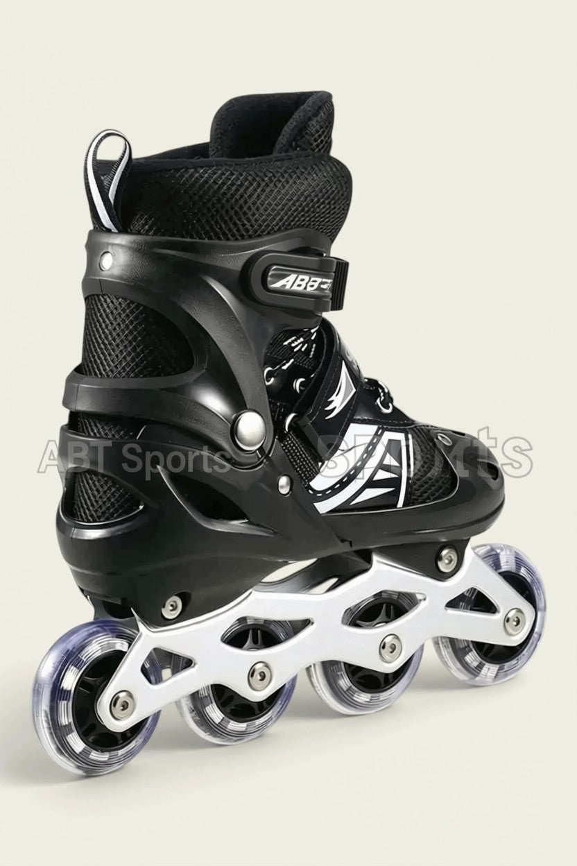 Inline roller skate close-up showing padded mesh boot, buckle strap and clear LED wheels