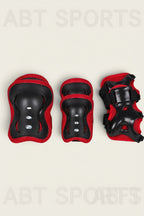ABT Sports 6-piece protective gear set - knee pad, elbow pad and wrist guard laid flat showing hard-shell caps and red mesh