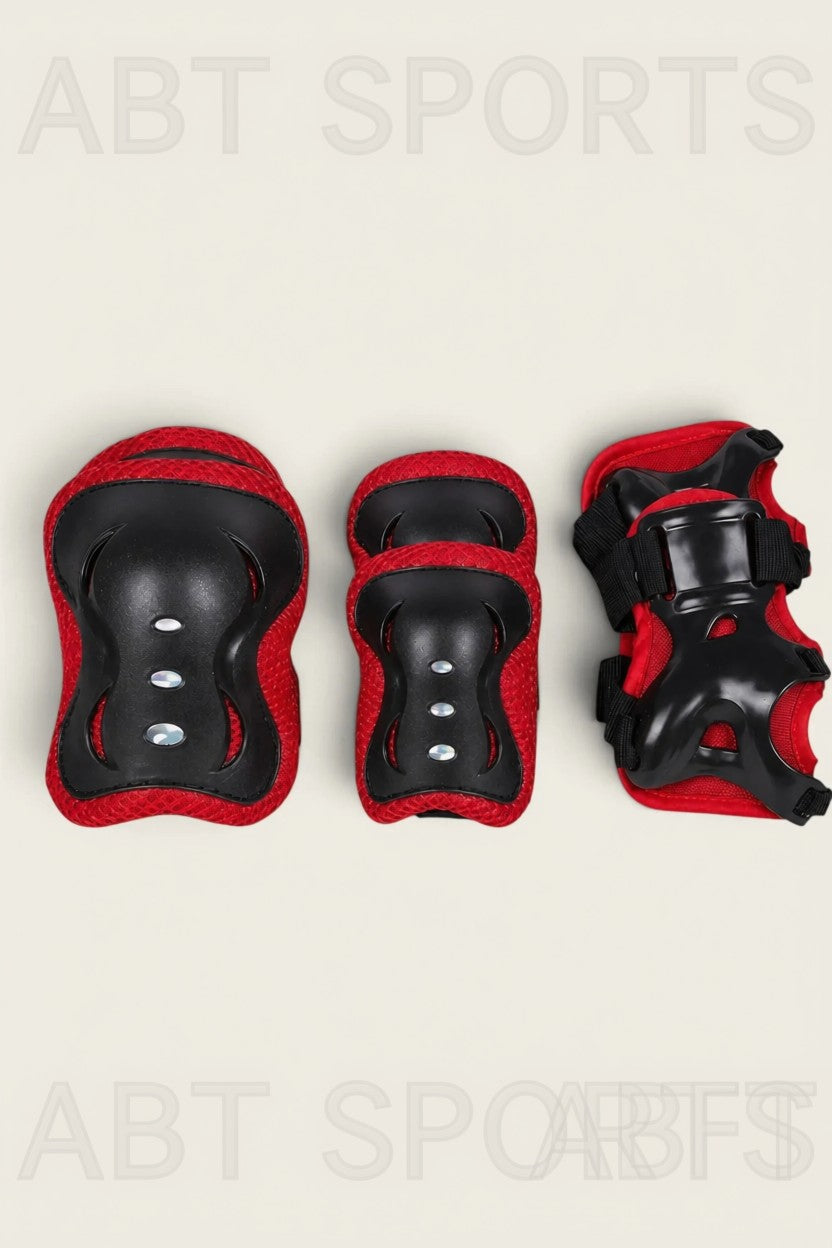 ABT Sports 6-piece protective gear set - knee pad, elbow pad and wrist guard laid flat showing hard-shell caps and red mesh