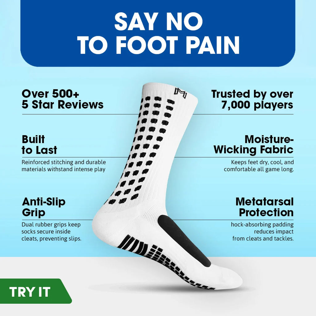 Anti-Slip Grip Football Socks – Dual Rubber Grip Sole | Metatarsal Protection | Moisture Wicking | Black & White | Men & Women