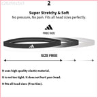 Adidas thin elastic headband free size infographic showing super stretchy elastic material fits all head sizes
