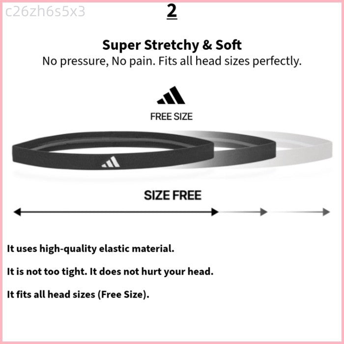 Adidas thin elastic headband free size infographic showing super stretchy elastic material fits all head sizes
